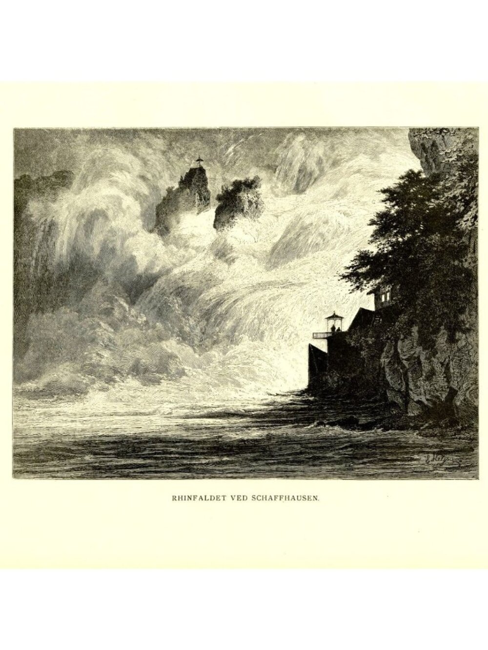 1883 Rhine Falls at Schaffhausen Engraving by Ernst Heyn – Antique Swiss Print